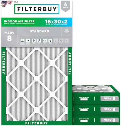 Filterbuy 16x30x2 Air Filter MERV 8 Dust & Allergy Defense (4-Pack) by Filterbuy