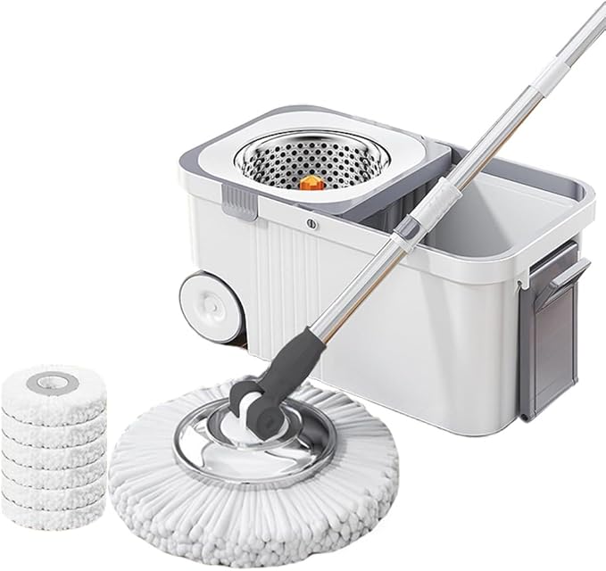 360 Spinning Floor Cleaning System with 6 Replacement Head Refills Extended Handle Hand-Free Automatic Dehydration Mop Cleaning with Bucket for Household Floor Cleaning (White Blue)