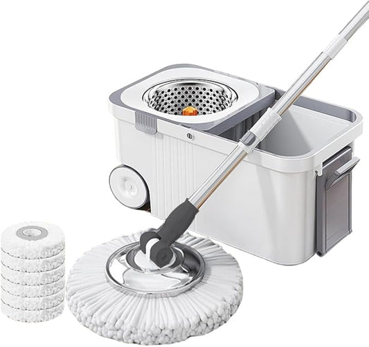 360 Spinning Floor Cleaning System with 6 Replacement Head Refills Extended Handle Household Cleaning Automatic Hand-Free Automatic Dehydration Mop for Household Floor Cleaning (White Blue)