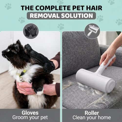 Pet Hair Remover Roller with 2 Grooming Gloves Reusable Lint Remover for Dogs and Cats (Gray) - Image 3