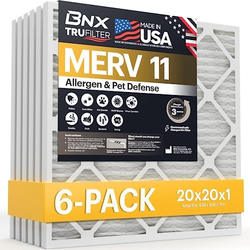 BNX TruFilter 20x20x1 Air Filter MERV 11 (6-Pack) - MADE IN USA - Allergen Defense Electrostatic Pleated Air Conditioner HVAC AC Furnace Filters for Allergies, Dust, Pet, Smoke, Allergy MPR 1200 FPR 7 by BNX