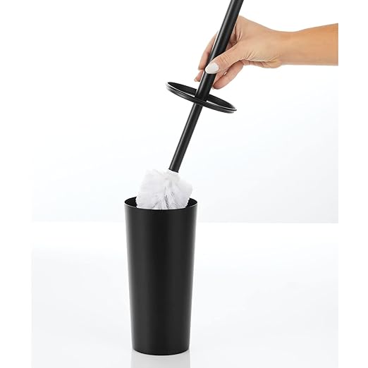 mDesign Metal Freestanding Slim Toilet Bowl Brush and Holder + Rectangle Narrow 5 Liter / 1.3 Gallon Step Pedal Trash Can Wastebasket for Bathroom - Small, Compact Design - Set of 2 - Black