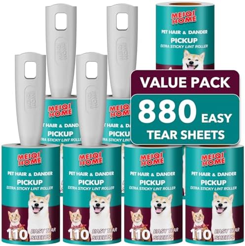 Lint Rollers for Pet Hair Extra Sticky, 880 Sheets Mega Value Set Lint Roller with 4 Upgraded Handles, 8 Rollers Portable Pet Lint Remover for Clothes, Furniture, Carpet, Dog & Cat Hair Removal by MEIQIHOME
