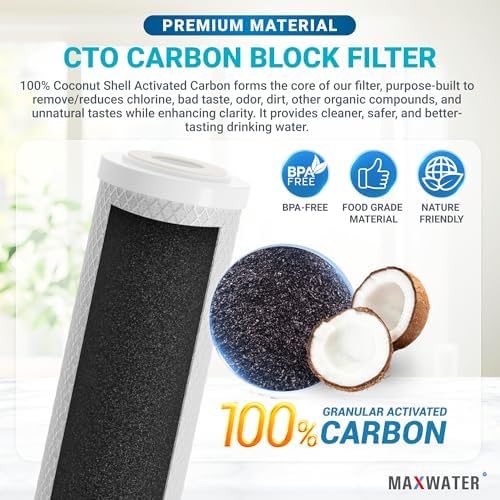 Max Water CTO 20"x4.5" 5 Micron Coconut Shell Carbon Block Water Filter | Whole House | Coconut shell Filter | Charcoal Filter | Compatible with FC25B, EPM-20BB, CB-BB-20, 155783-43, CTO20BB (4 Pack) - Image 3