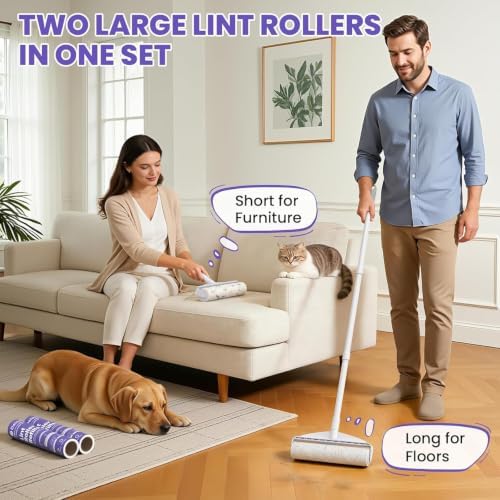 DELOMO 9.45” Large Lint Roller for Pet Hair, Long & Short Handles, 2 Packs | 360 Extra Sticky Sheets Total, Long Handle for No-Bend Cleaning Floors & Carpets, Short Handle for Couches & Furniture - Image 2