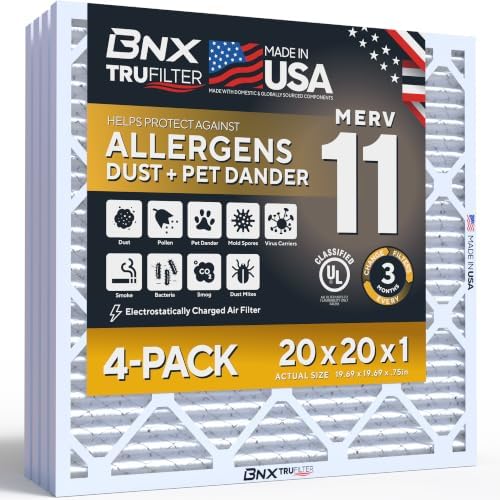 BNX TruFilter 20x20x1 Air Filter MERV 11 (4-Pack) - MADE IN USA - Allergen Defense Electrostatic Pleated Air Conditioner HVAC AC Furnace Filters for Allergies, Dust, Pet, Smoke, Allergy MPR 1200 FPR 7 by BNX