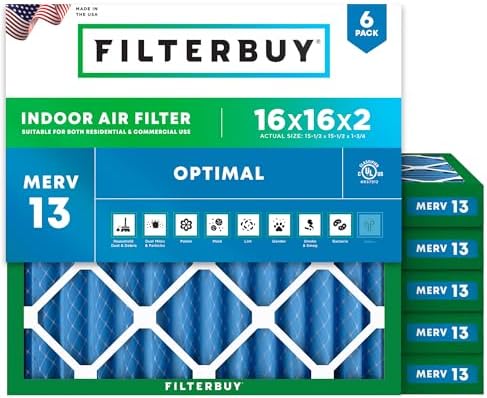 Filterbuy 16x16x2 Air Filter MERV 13 Smoke & Allergy Defense (6-Pack) by Filterbuy