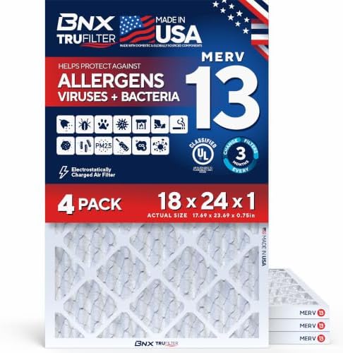 BNX TruFilter 18x24x1 Air Filter MERV 13 AC Filter, HVAC Furnace Filter, 4 Pack (ACTUAL SIZE 17.69"x24.69"x0.75") Allergies, Dust, Pet Dander & Smoke - MADE IN USA - MPR1500 / FPR 10 by BNX