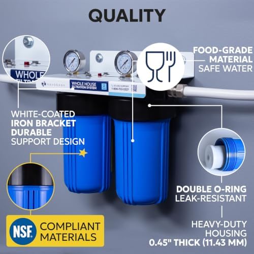 Aquaboon 2-Stage Whole House Water Filter System with 5 Micron 10x4.5 Sediment/Anti-Scale and KDF Heavy Metals Water Filter Purification Cartrige, Pressure Gauges, Wrench, Bracket - Image 3