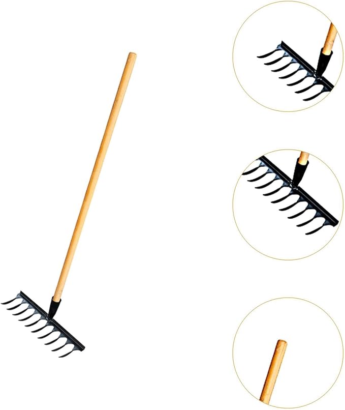 Garden Tool for Soil Preparation Wooden Handle Rake for Flower Beds, 10 Teeth 33x12x10cm