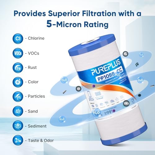 PUREPLUS 5 Micron 10"x4.5" Whole House Sediment & Carbon Water Filter,3PACK - Image 4