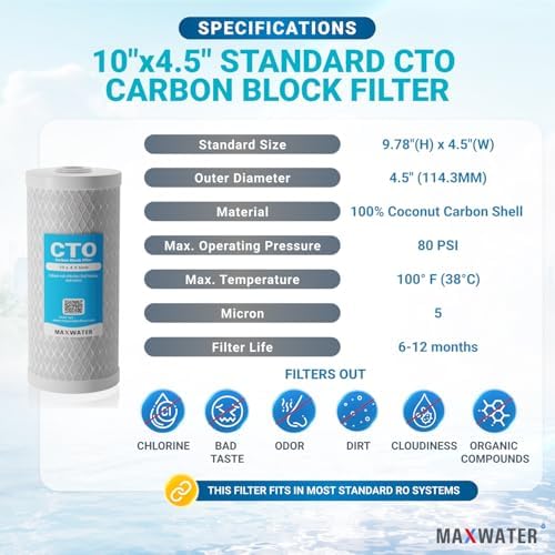 Max Water 10 x 4.5 Activated Carbon 5-Micron Filter CTO Cartridge Replacement Whole House Systems Compatible with FXHTC, WFHDC8001, CB-BB-10, CTO10BB, FC15B (4 Pack) - Image 2