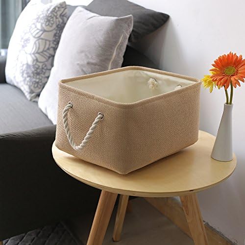 TheWarmHome Decorative Basket Rectangular Small Storage Basket Fabric Storage Bin Organizer Basket with Handles for Clothes Storage (Beige, 11.8L??7.9W??5.2H inch)