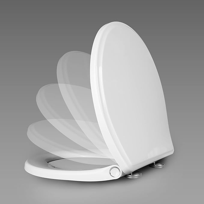 Hibbent Premium Round Toilet Seat with Cover Quiet Close, One-Click to Quick Release, Easy Installation Non-Slip Seat Bumpers, Slow Close Toilet Seat and Cover, Easy Cleaning-White Color