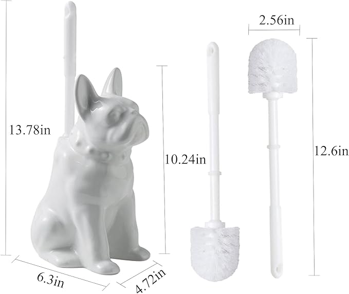 2026 Ceramic Dog Toilet Brush Holder Set, French Bulldog Design with 2PCS Durable Plastic Brush, Modern Bathroom Accessories (White)