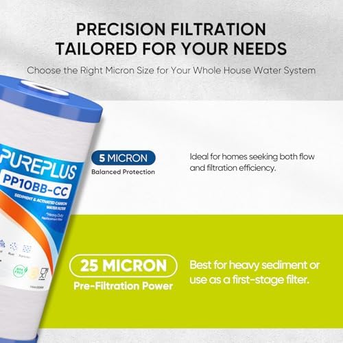 PUREPLUS 25 Micron 10"x4.5" Whole House Sediment and Carbon Filter,3PACK - Image 4
