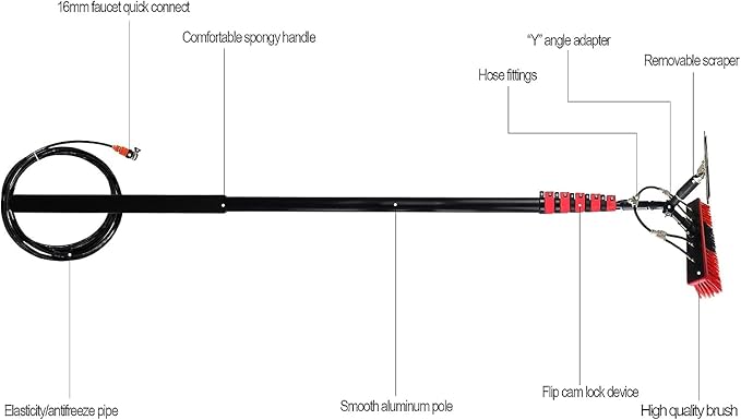 Extendable Window Cleaning Brush Kit - 3.6M to 11M Telescopic Pole, Water Fed System for Roof & Window Cleaning, Includes 20M Water Supply Hose, Professional Cleaning Tools