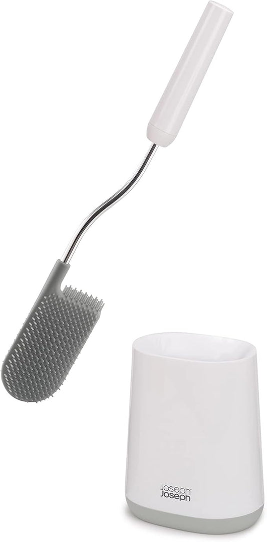 Joseph Joseph Flex Lite Silicone Toilet Brush with Slimline Holder Set, Flexible Head, drip, Anti-Clog deep Clean, 1 EA, Grey/White