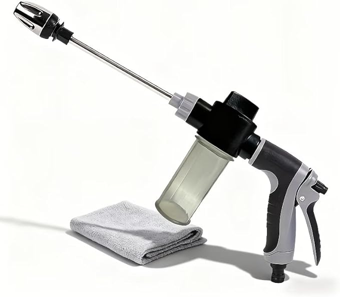 High Pressure Garden Hose Nozzle Sprayer with Plastic Soap Foam Dispenser Bottle, Heavy Duty Car Wash Foam Gun, Adjustable Nozzle for Gardening, Solar Panel Cleaning, Pet Showering