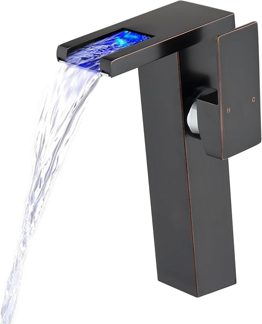 LED Waterfall Bathroom Sink Faucet, 3 Colors Changing Glass Spout Faucet with Water Supply Hose, Single Handle Single Hole Slanted Body Brass Mixer Vanity Sink Tap (Oil Rubbed Bronze