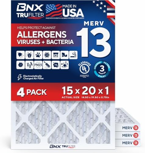 BNX TruFilter 15x20x1 Air Filter MERV 13 (4-Pack) - MADE IN USA - Electrostatic Pleated Air Conditioner HVAC AC Furnace Filters for Allergies, Pollen, Mold, Bacteria, Smoke, Allergen, MPR 1900 FPR 10 by BNX