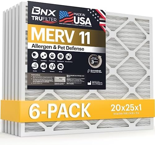 BNX TruFilter 20x25x1 Air Filter MERV 11 (6-Pack) - MADE IN USA - Allergen Defense Electrostatic Pleated Air Conditioner HVAC AC Furnace Filters for Allergies, Dust, Pet, Smoke, Allergy MPR 1200 FPR 7 by BNX