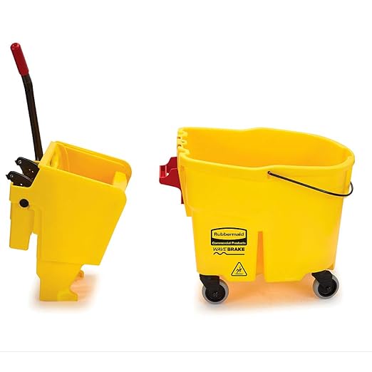 Rubbermaid Commercial Products WaveBrake 44 QT Side-Press Mop Bucket and Wringer Combo on Wheels with Foot Drain Yellow for Heavy-Duty Floor Cleaning