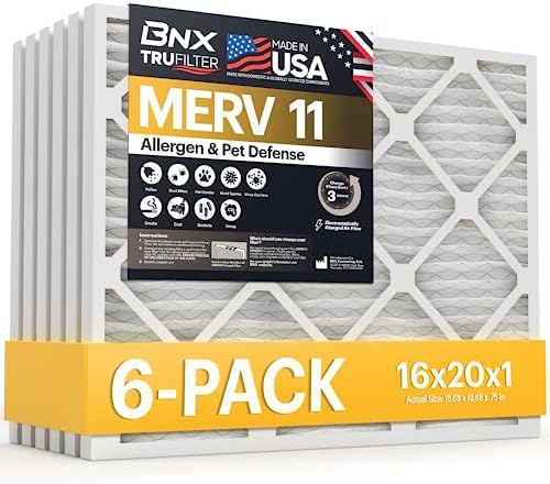 BNX TruFilter 16x20x1 Air Filter MERV 11 (6-Pack) - MADE IN USA - Allergen Defense Electrostatic Pleated Air Conditioner HVAC AC Furnace Filters for Allergies, Dust, Pet, Smoke, Allergy MPR 1200 FPR 7 by BNX
