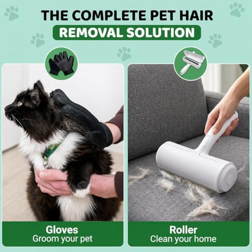 Pet Hair Remover Roller with 2 Grooming Gloves ?€? Reusable Lint Remover for Dogs and Cats (Green) - Image 4