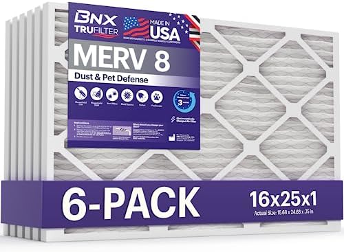 BNX TruFilter 16x25x1 Air Filter MERV 8 (6-Pack) - MADE IN USA – Dust & Pet Defense Electrostatic Pleated Air Conditioner HVAC AC Furnace Filters for Dust, Pet, Mold, Pollen MPR 600 – 700 & FPR 5 by BNX