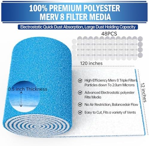 UBeesize 2 Rolls Air Vent Filters, 120" x 12" Cut to Size Air Filter, MERV 8 Triple Vent Filter Kit for Floor Registers, Grilles, Ceiling, Wall HVAC Furnace Vents, With Adhesive Hook Tape - Image 2