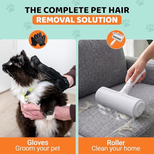 Pet Hair Remover Roller with 2 Grooming Gloves ?€? Reusable Lint Remover for Dogs and Cats (Orange) - Image 3