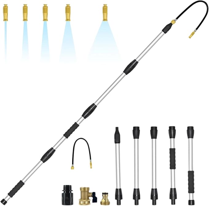 8FT/2.4M Gutter Cleaner Tool from Ground, Extendable Gutter Cleaning Wand with 5 Spray Patterns, Fits All Standard Garden Hoses, also for Garden Watering, Car Washing