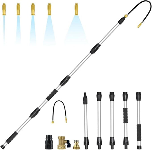 8FT/2.4M Gutter Cleaner Tool from Ground, Extendable Gutter Cleaning Wand with 5 Spray Patterns, Fits All Standard Garden Hoses, also for Garden Watering, Car Washing