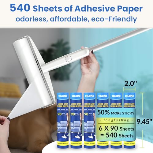 DELOMO 9.45” Large Lint Roller Refills, 6 Packs, 540 Extra Sticky Sheets | Sticky Roller Refills, Easy Tear Sheets, Compatible Only with DELOMO 9.45” Lint Roller, Floors, Carpets, Couches, Pet Hair - Image 5