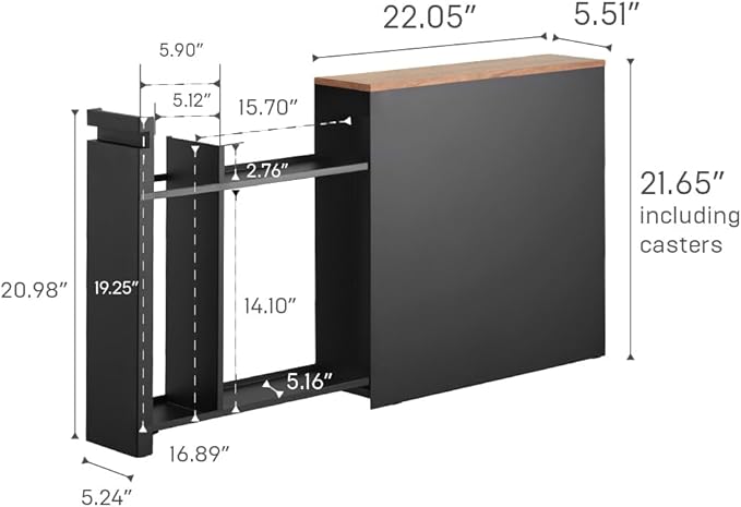 Yamazaki Home Pull-Out Bathroom Storage Cabinet – Slim Bathroom Storage Cabinet with Wood Top, Steel Organizer for Toilet Paper and Cleaning Supplies, Modern Space-Saving Design, Black - Steel + Wood
