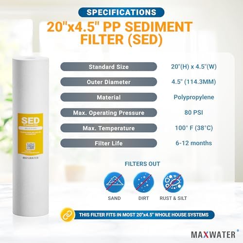 Max Water 1 Micron 20 x 4.5 Sediment Filter 20 inch Whole House BB Water Filteration System Replacement Compatible Cartridge DGD-5005-20, FP25B, AP810-6, FPMB5-20, P5-20, 155358-43, SDC-45-2005 - Image 2