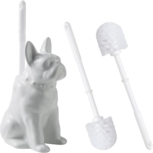 2026 Ceramic Dog Toilet Brush Holder Set, French Bulldog Design with 2PCS Durable Plastic Brush, Modern Bathroom Accessories (White)