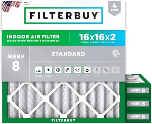 Filterbuy 16x16x2 Air Filter MERV 8 Dust & Allergy Defense (4-Pack) by Filterbuy