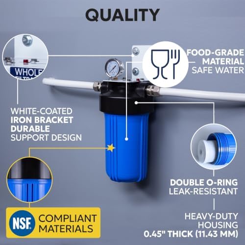 Aquaboon Whole House Water Filter System for Well Water with 5 Micron 10x4.5 Purification String Wound Cartrige | NSF Certified, Pressure Gauges & Releas, Wrench, Bracket 1" NPT - Image 3