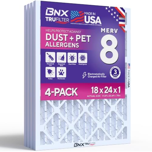 BNX TruFilter 18x24x1 Air Filter MERV 8 (4-Pack) - MADE IN USA – Dust & Pet Defense Electrostatic Pleated Air Conditioner HVAC AC Furnace Filters for Dust, Pet, Mold, Pollen MPR 600 – 700 & FPR 5 by BNX