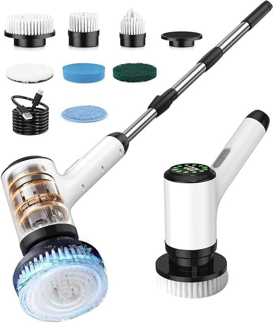 Electric Spin Scrubber, Cordless Cleaning Brush with 7 Replaceable Brush Heads, 2-Speed Adjustable Handle Shower Scrubber, IPX7 Waterproof for Bathroom, Tub, Tile & Floor, Teens, White-qe2...