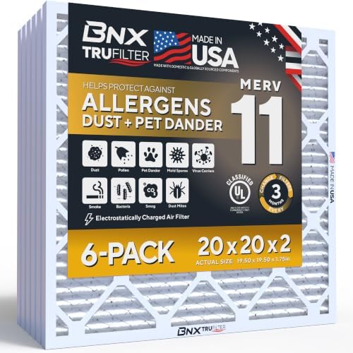 BNX TruFilter 20x20x2 Air Filter MERV 11 (6-Pack) - MADE IN USA - Allergen Defense Electrostatic Pleated Air Conditioner HVAC AC Furnace Filters for Allergies, Dust, Pet, Smoke, Allergy MPR 1200 FPR 7 by BNX