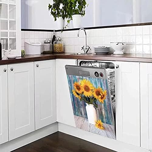 Colorful Wooden Background Kitchen Dishwasher Front Door Cover Decor, Vase Sunflower Fridge Panels Decals Vinyl Cover, Ordinary 23"x26"INCH
