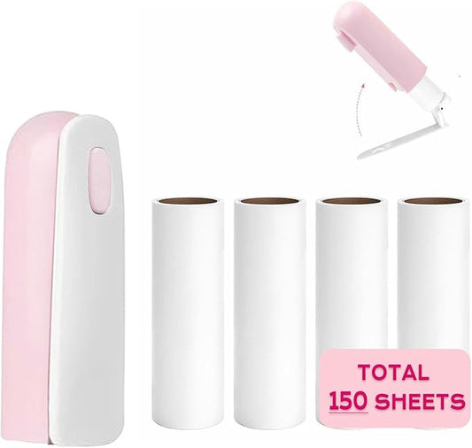 Mini Travel Lint Roller with 150 Sticky Sheets, Compact Portable Pet Hair Remover with Cover for Clothes, Travel, Small Foldable Lint Roller for Purse Car Bag Essentials (Pink) by Nueknp