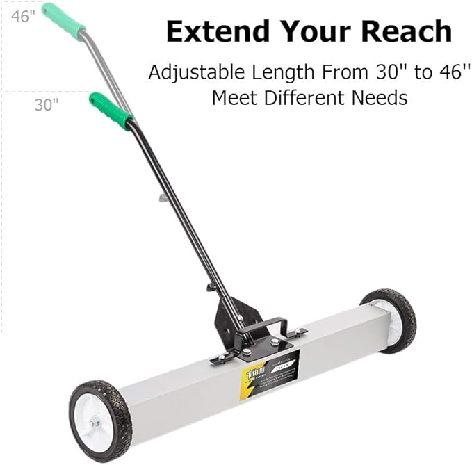 TUFFIOM 24-Inch Rolling Magnetic Pick-Up Sweeper | 50-LBS Capacity, with Quick Release Latch & Adjustable Long Handle, for Nails Needles Screws Collection