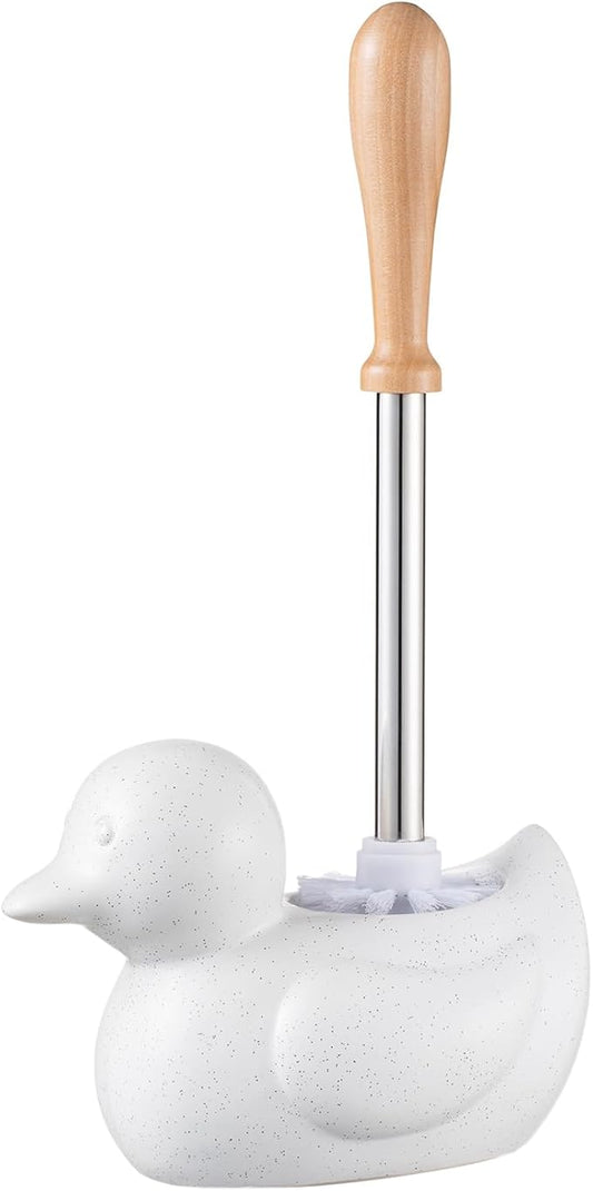 Modern Toilet Brush Set and Holder - Toilet Bowl Brush Ceramic Bathroom Accessories Set Decor, Cleaner Brush Kit with Detachable Brush Head & Natural Wood Handle (Ivory White)
