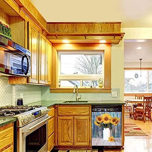 Colorful Wooden Background Kitchen Dishwasher Front Door Cover Decor, Vase Sunflower Fridge Panels Decals Vinyl Cover, Ordinary 23"x26"INCH