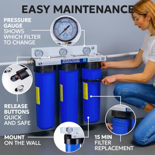 Aquaboon 3-Stage Whole House Water Filter System with Chlorine & Sediment Reducing 20x4.5 Water Filter Cartridges, Gauge & Release, Wrench, Bracket - Image 4
