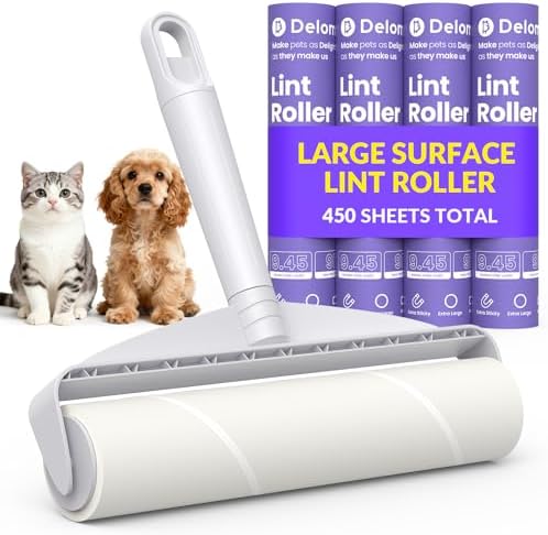 DELOMO 9.45” Large Lint Roller for Pet Hair, Short Handle for Couches | Extra-Wide Sticky Roller, 450 Extra Sticky Sheets, Cleans Faster on Sofa, Beds, Carpets, Clothing, Furniture & Car Seats by DELOMO